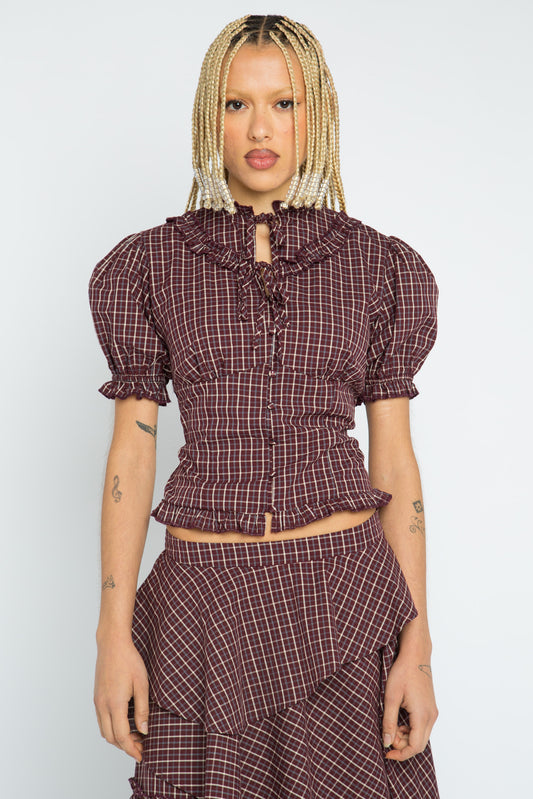 Sloe Check Puff Sleeve Blouse