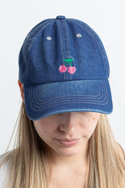 Daisy Street Denim Cap with Cherry Embroidery