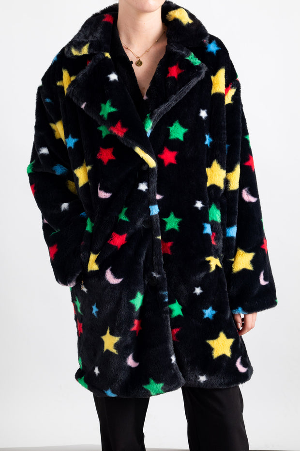 Daisy Street Longline Fur Coat in Star and Moon Print