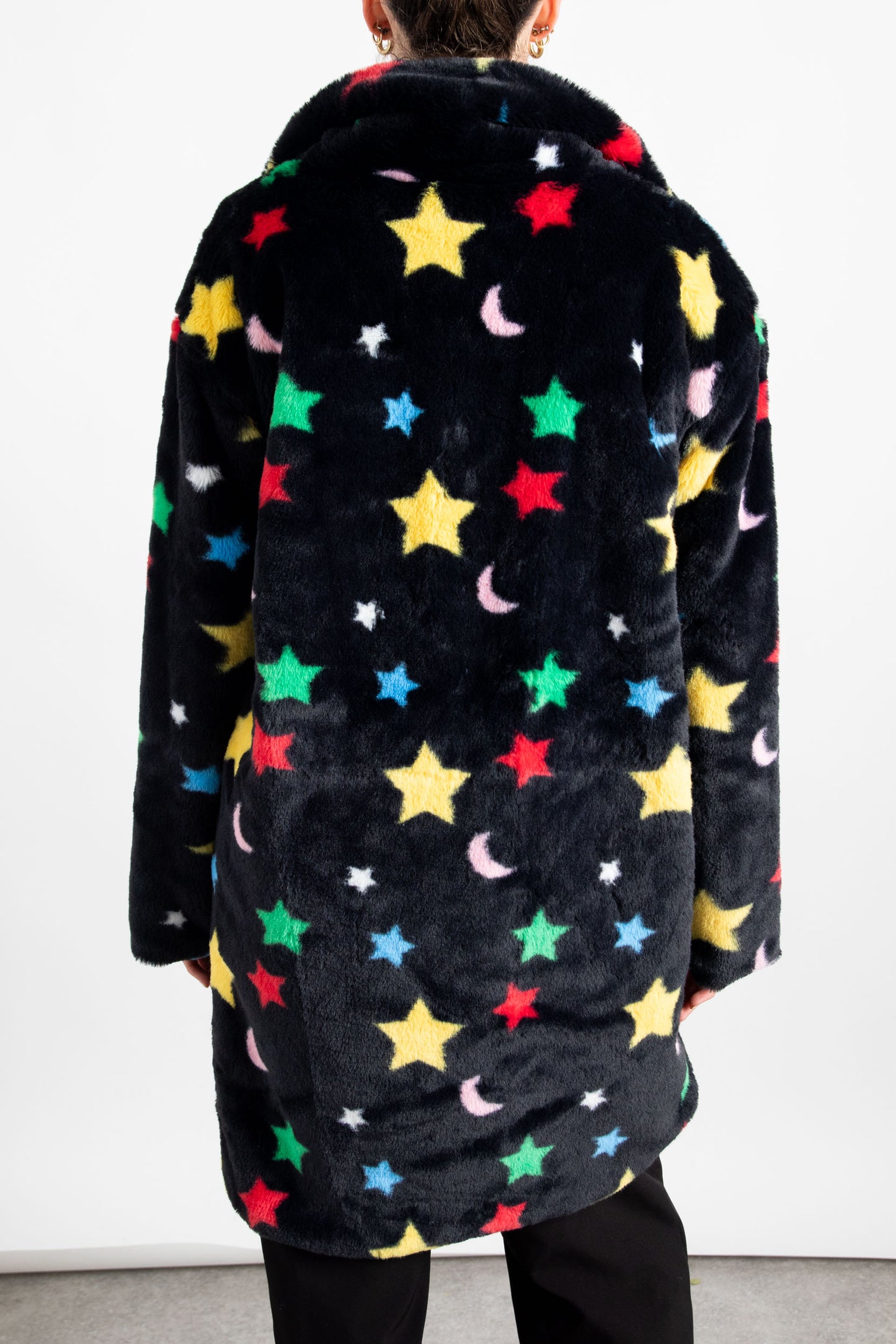 Daisy Street Longline Fur Coat in Star and Moon Print