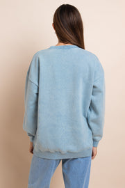 Daisy Street Washed Blue Sweat With Print & Embroidery
