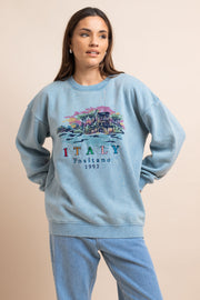 Daisy Street Washed Blue Sweat With Print & Embroidery