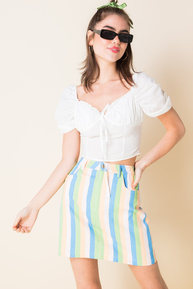 Daisy Street Denim Mini Skirt in Pastel Rainbow Stripe