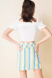 Daisy Street Denim Mini Skirt in Pastel Rainbow Stripe