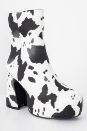 Heartbreak Platform Heeled Ankle Boots in Cow Print