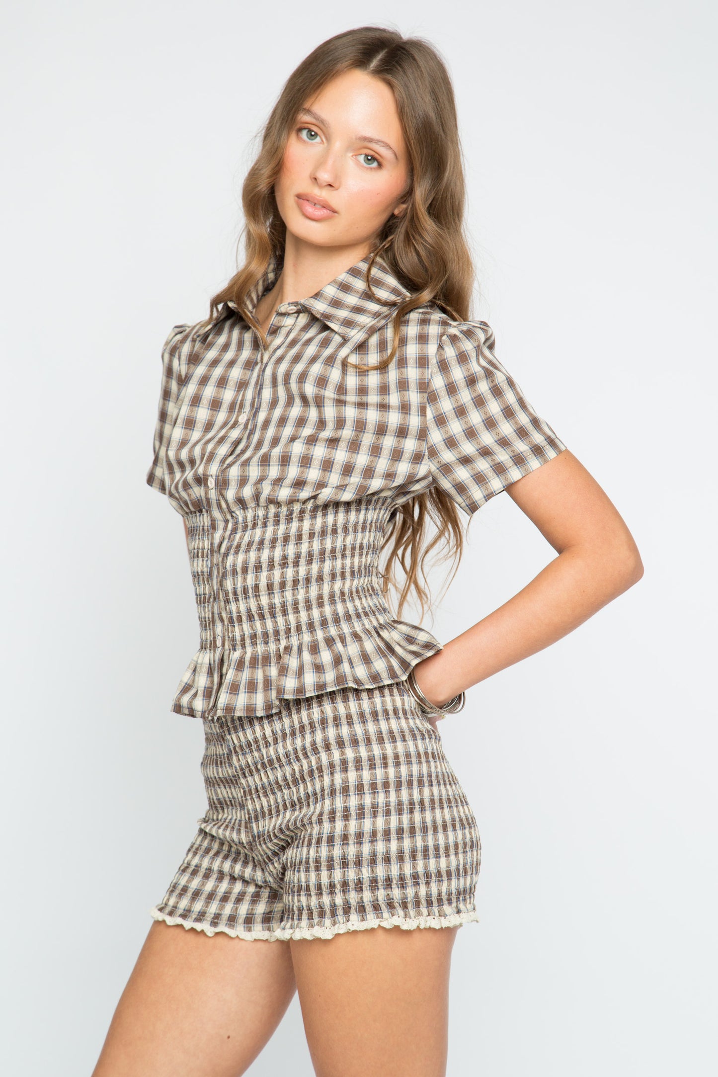 Honey Check Shirred Blouse