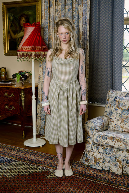 Creme Check Cowl Neck Dress