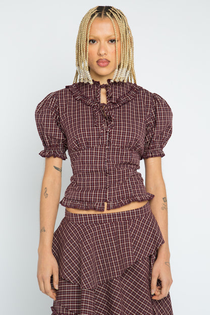 Sloe Check Puff Sleeve Blouse