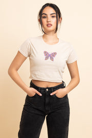 Daisy Street Slim Crop T-Shirt with Patterend Butterfly Print