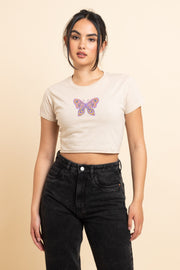 Daisy Street Slim Crop T-Shirt with Patterend Butterfly Print