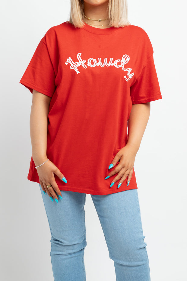 Daisy Street Relaxed T-Shirt in Red Howdy Print