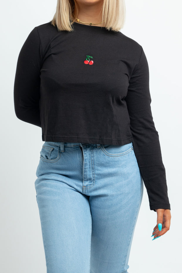Daisy Street Long Sleeve Top with Cherry Embroidery