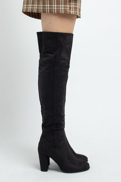 Daisy Street Black Heeled Over the Knee Boots in Faux Suede