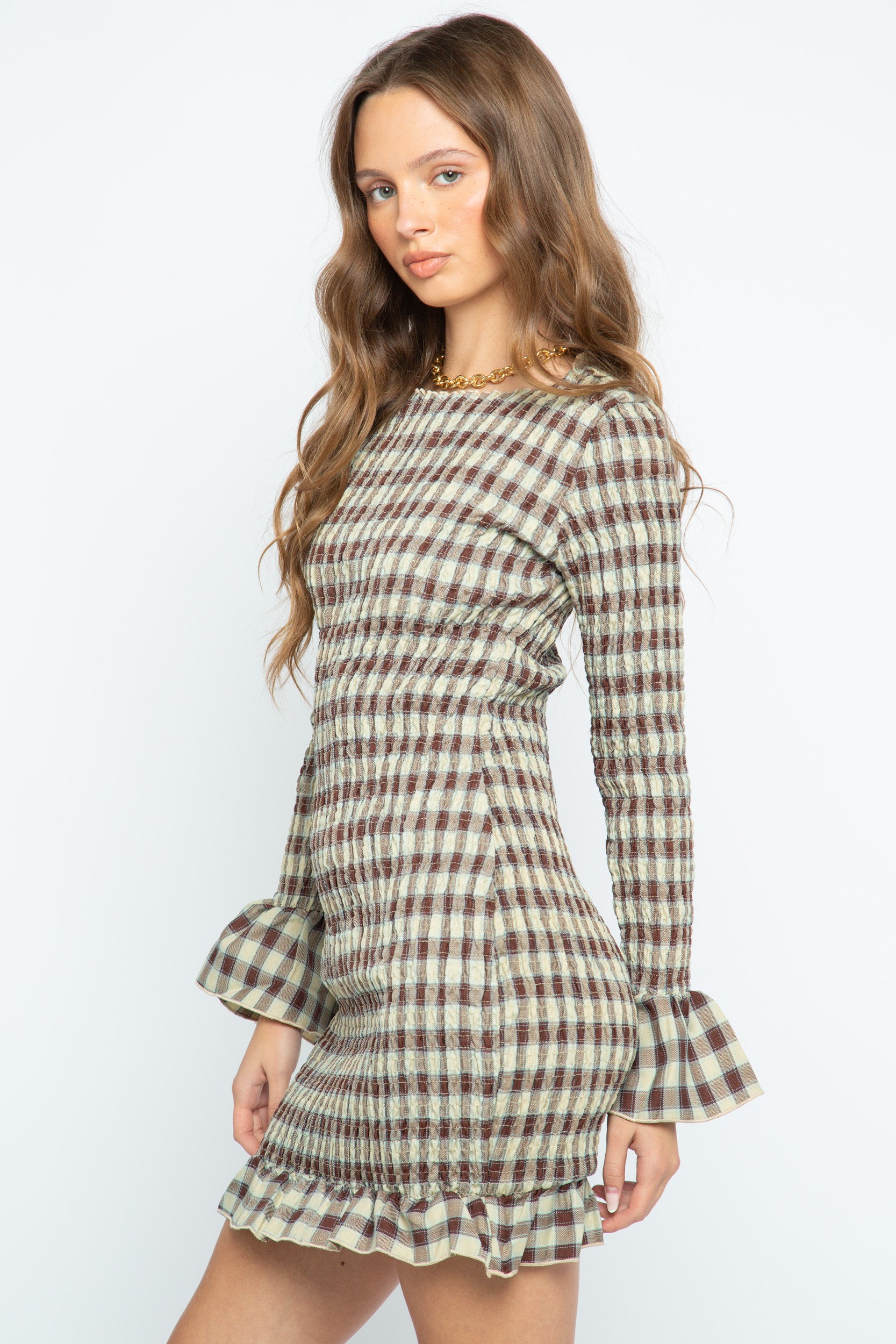 long sleeve shirred mini dress Lilith Long Sleeve Shirred High Neck Loose Mini Dress Red / M / 100 | Indie & Co