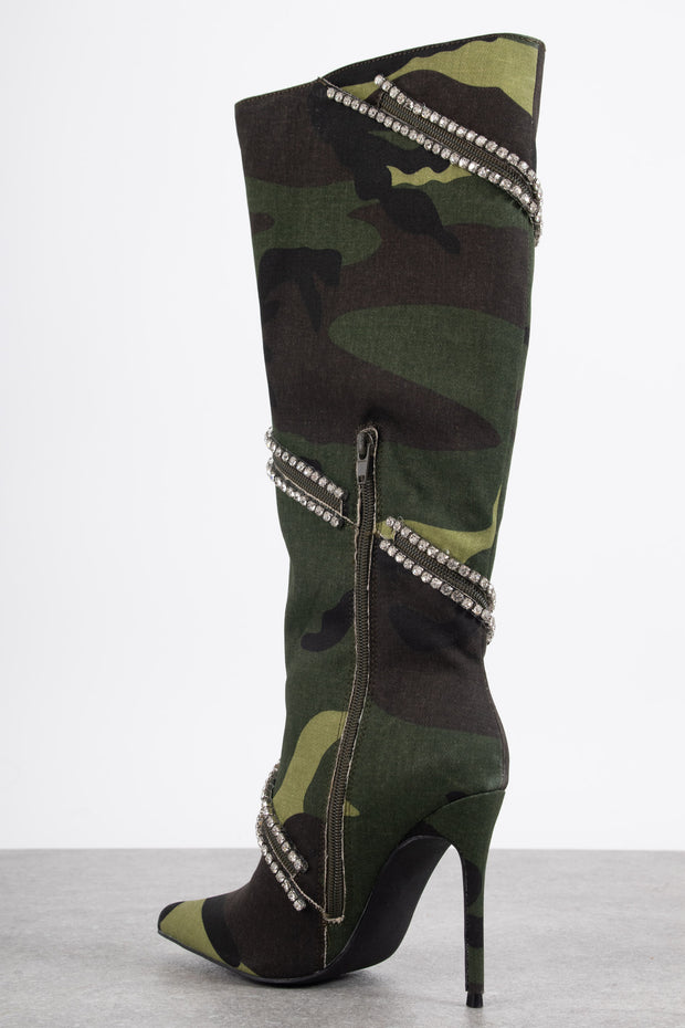 Tammy Girl Embellished Heeled Knee Boots in Camo