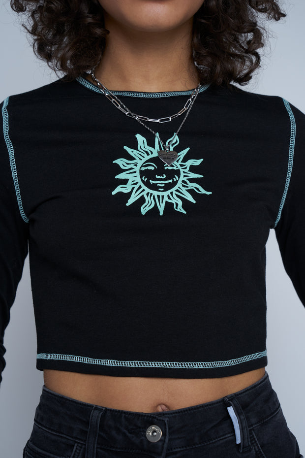 Daisy Street Crop Top with Contrast Stitch Sunshine Print
