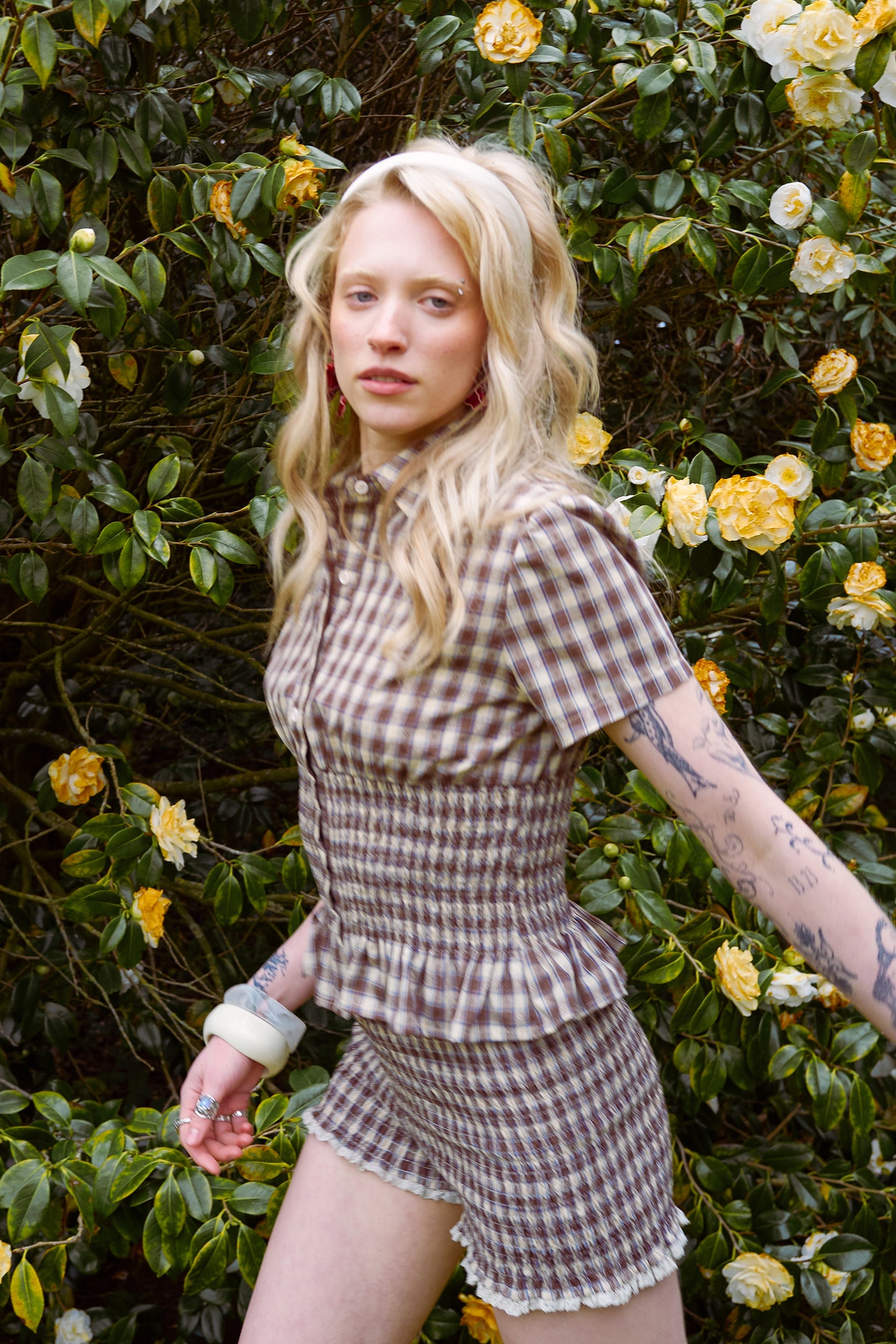 Honey Check Shirred Blouse