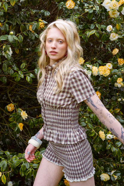 Honey Check Shirred Blouse