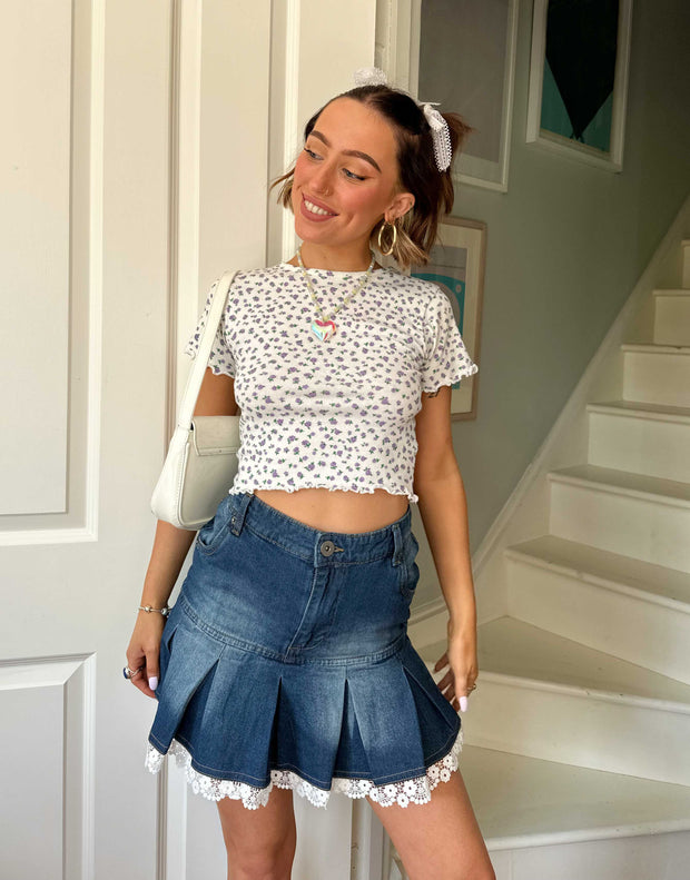 Daisy Street x Chloe Davie Y2K Mini Pleated Denim Skirt with Lace Trim