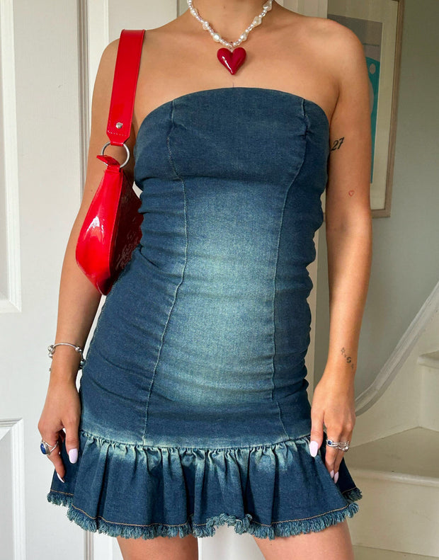 Daisy Street x Chloe Davie Y2K Strapless Mini Bodycon Dress in Denim