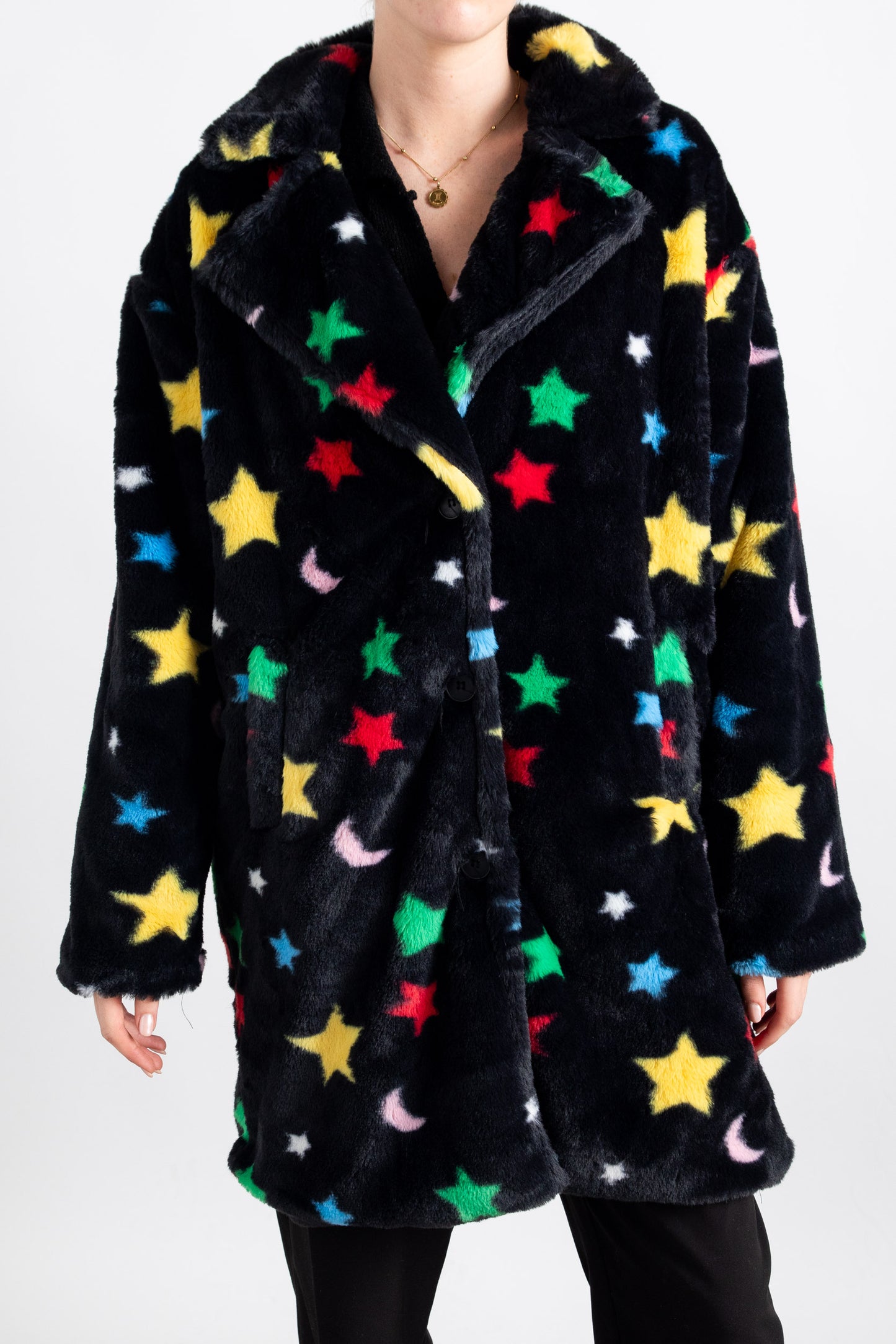 Daisy Street Longline Fur Coat in Star and Moon Print