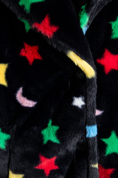 Daisy Street Longline Fur Coat in Star and Moon Print