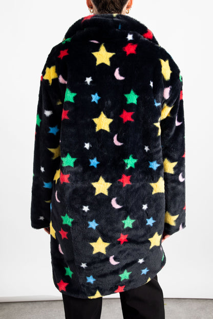 Daisy Street Longline Fur Coat in Star and Moon Print