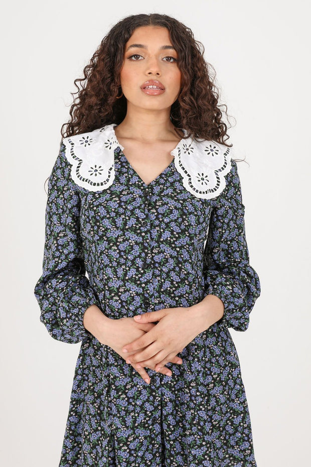 Daisy Street Floral Dress with Lace Collar