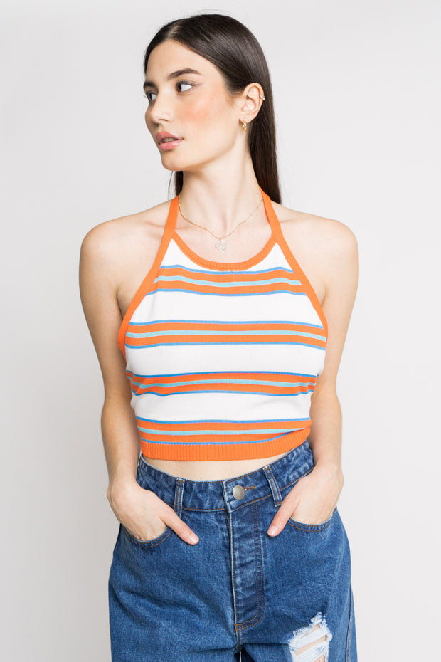 Daisy Street Stripe Knitted Halter Neck Top With Tie Back