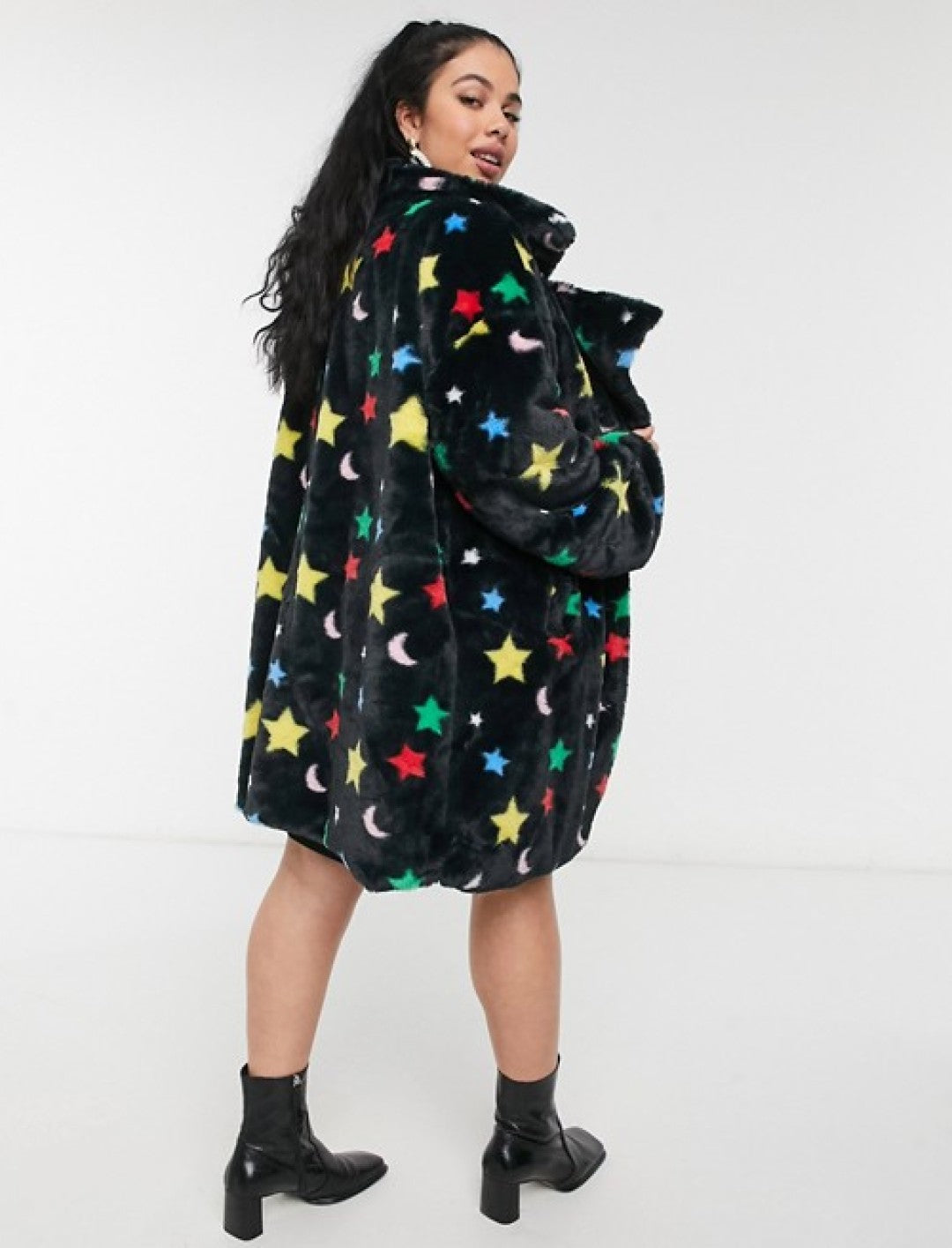 Daisy Street Longline Fur Coat in Star and Moon Print