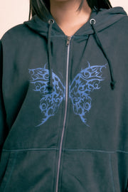 Daisy Street Washed Zip Through Hoodie with Butterfly Print