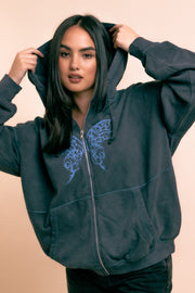 Daisy Street Washed Zip Through Hoodie with Butterfly Print
