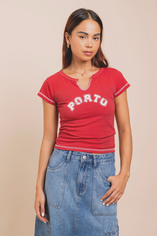 Daisy Street Jersey Notched Top With Porto Print