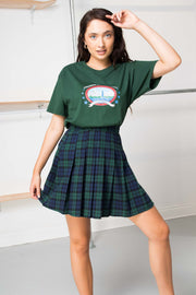 Daisy Street Tartan Pleated Mini Skirt in Green Navy Check