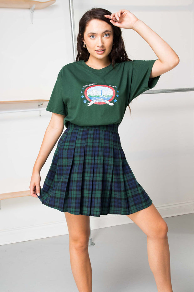 Daisy Street Tartan Pleated Mini Skirt in Green Navy Check