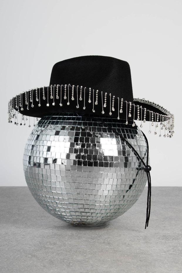 Daisy Street Diamante Tassel Cowboy Hat in Black