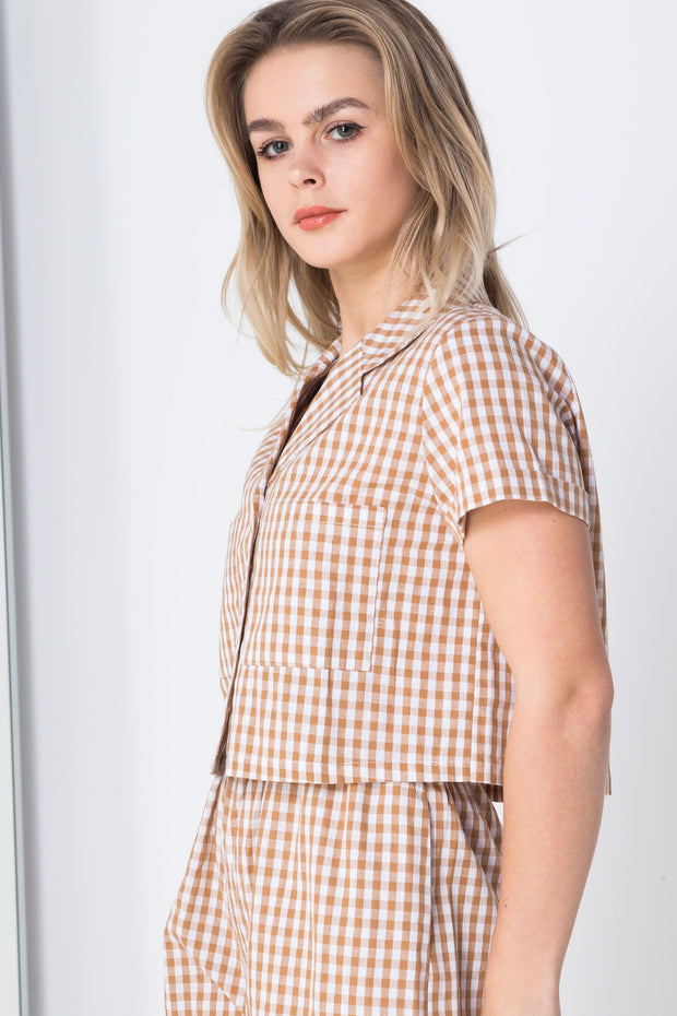 Daisy Street Brown Gingham Cropped Shirt in Brown