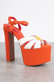 Daisy Street Platform Heeled Sandals in Orange with White Flower Detail