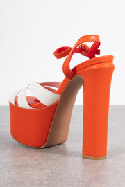 Daisy Street Platform Heeled Sandals in Orange with White Flower Detail