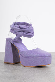 Daisy Street Platform Flared Heeled Shoes in Lilac Glitter