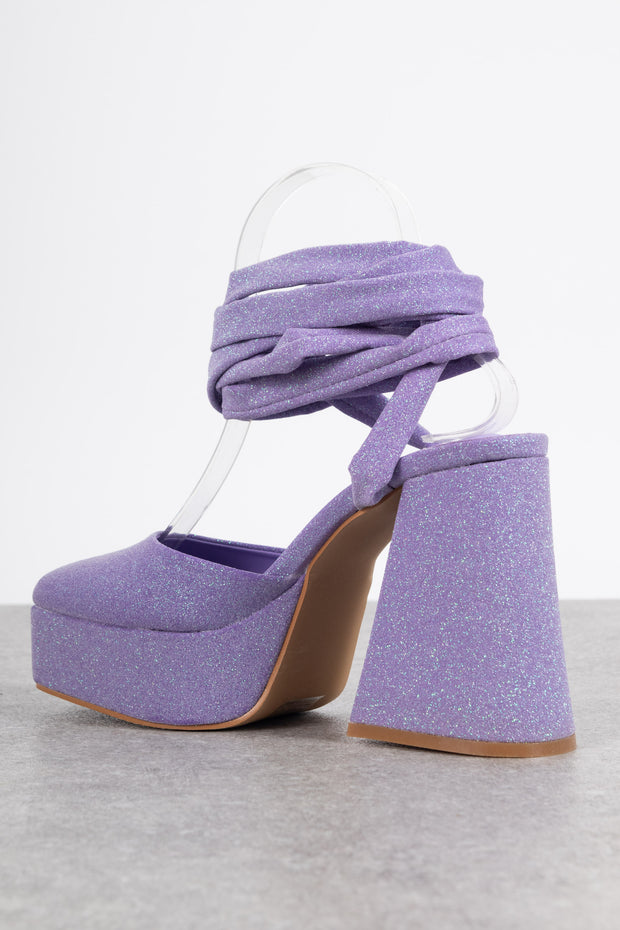 Daisy Street Platform Flared Heeled Shoes in Lilac Glitter