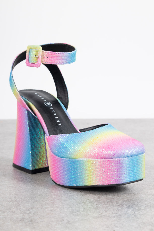 Daisy Street Platform Flared Heeled Shoes in Rainbow Glitter