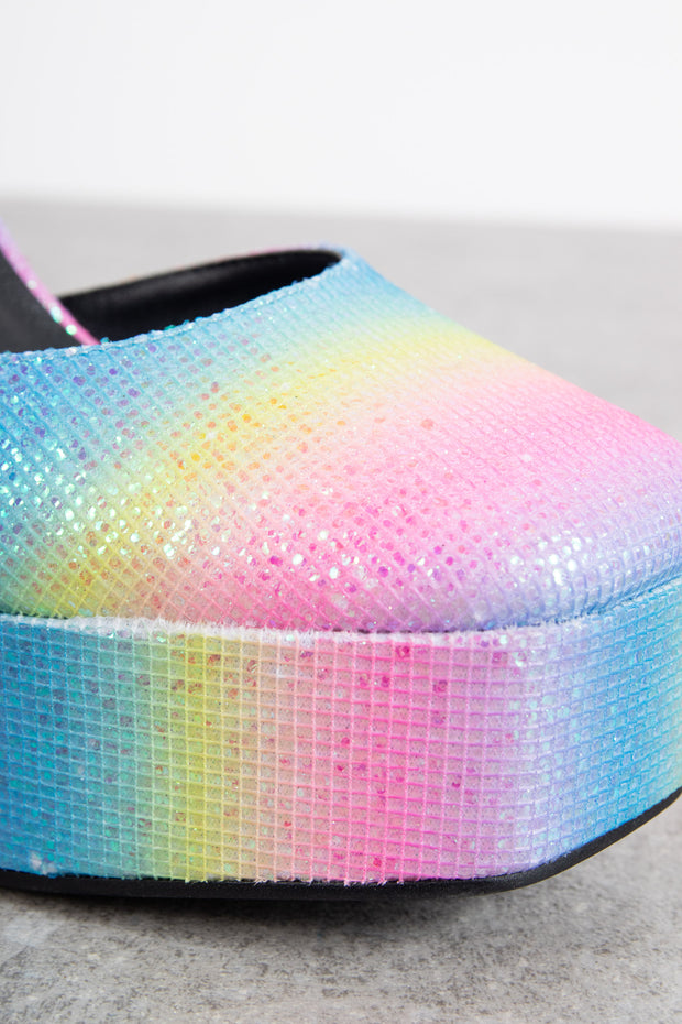 Daisy Street Platform Flared Heeled Shoes in Rainbow Glitter