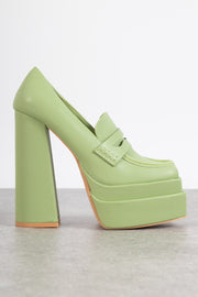 Daisy Street Double Platform Heeled Loafers in Lime