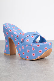 Daisy Street Platform Heeled Sandals in Blue Floral Print