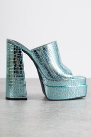 Daisy Street Exclusive Platform Mule Sandals in Blue Croc Metallic