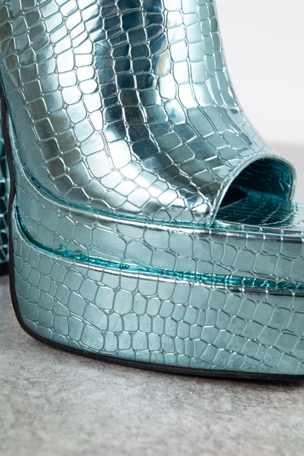 Daisy Street Exclusive Platform Mule Sandals in Blue Croc Metallic