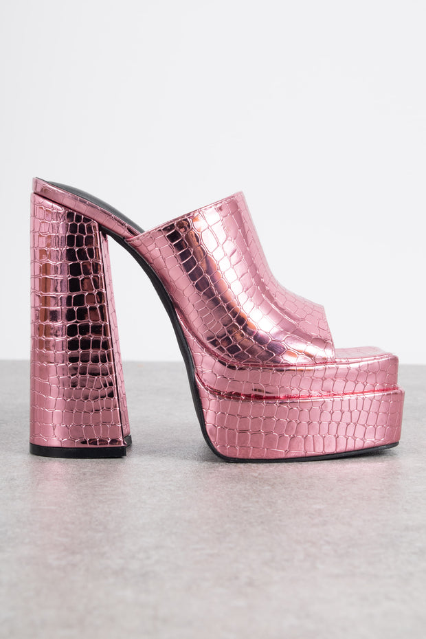 Daisy Street Exclusive Platform Mule Sandals in Pink Croc Metallic