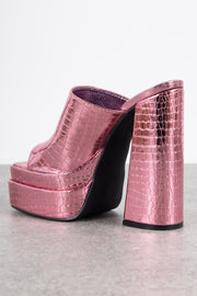 Daisy Street Exclusive Platform Mule Sandals in Pink Croc Metallic