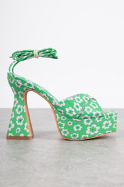 Daisy Street Platform Heeled Sandals in Green Floral Print